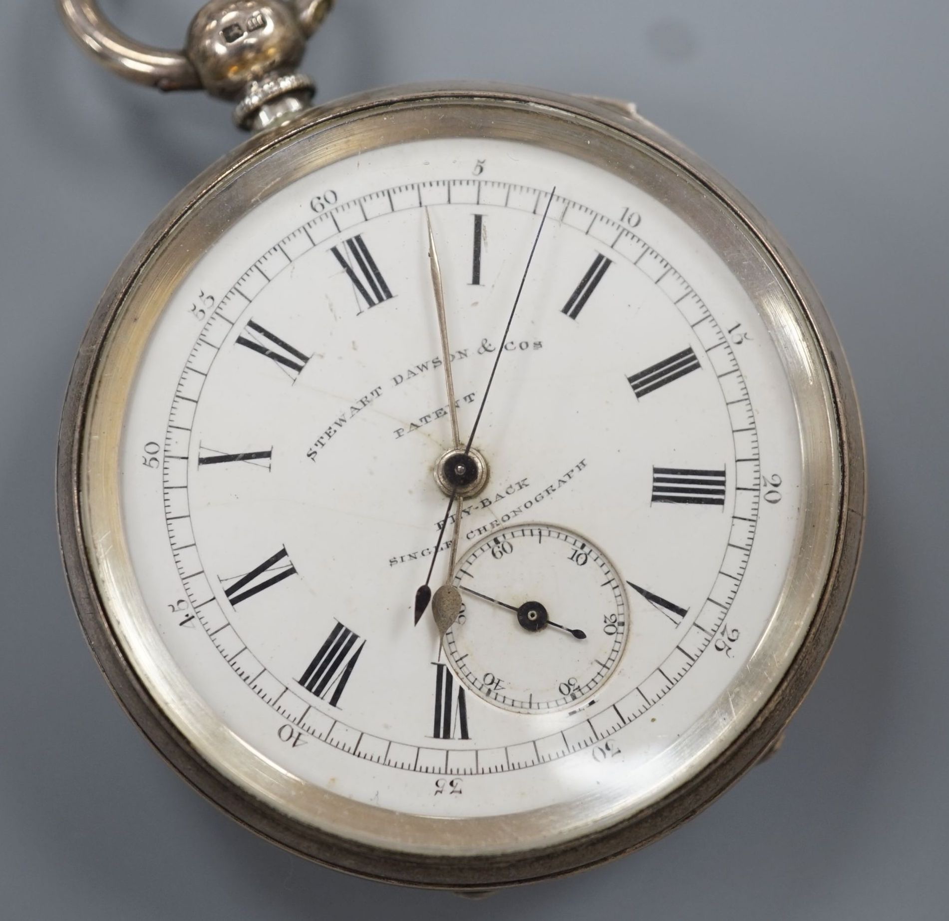 A late Victorian silver open face chronograph pocket watch, by Stewart Dawson & Sons, cased diameter 53mm.